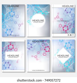 Scientific brochure design template. Vector flyer layout, Molecular structure with connected lines and dots. Scientific pattern atom DNA with elements for magazine, leaflet, cover, poster design