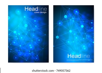 Scientific brochure design template. Vector flyer layout, Molecular structure with connected lines and dots. Scientific pattern atom DNA with elements for magazine, leaflet, cover, poster design