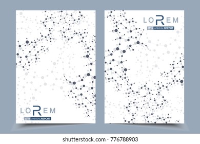 Scientific brochure design template. Vector flyer layout, Molecular structure with connected lines and dots. Scientific pattern atom DNA with elements for magazine, leaflet, cover, poster design