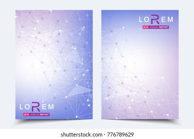 Scientific brochure design template. Vector flyer layout, Molecular structure with connected lines and dots. Scientific pattern atom DNA with elements for magazine, leaflet, cover, poster design