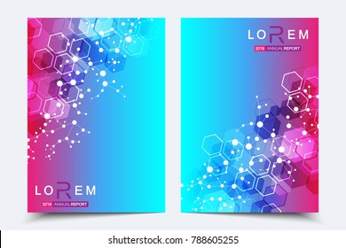 Scientific brochure design template. Vector flyer layout, Molecular structure with connected lines and dots. Scientific pattern atom DNA with elements for magazine, leaflet, cover, poster design
