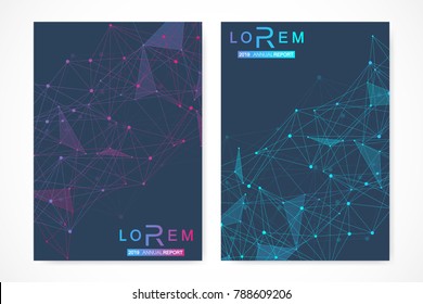 Scientific brochure design template. Vector flyer layout, Molecular structure with connected lines and dots. Scientific pattern atom DNA with elements for magazine, leaflet, cover, poster design