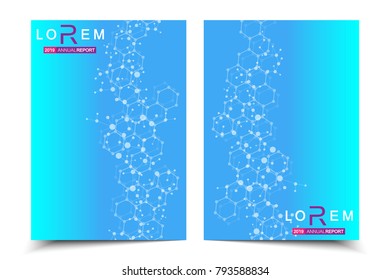 Scientific brochure design template. Vector flyer layout, Molecular structure with connected lines and dots. Scientific pattern atom DNA with elements for magazine, leaflet, cover, poster design