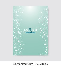 Scientific brochure design template. Vector flyer layout, Molecular structure with connected lines and dots. Scientific pattern atom DNA with elements for magazine, leaflet, cover, poster design