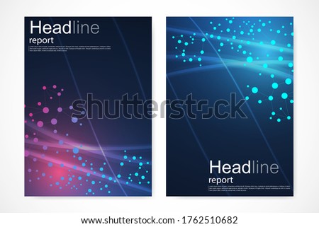 Scientific brochure design template. Vector flyer layout, Molecular structure with connected lines and dots. Scientific pattern atom DNA with elements for magazine, leaflet, cover, poster design.