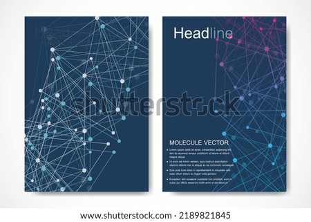 Scientific brochure design template. Vector flyer layout, Molecular structure with connected lines and dots. Scientific pattern atom DNA with elements for magazine, leaflet, cover, poster design.