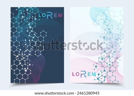 Scientific brochure design template. Vector flyer layout, Molecular structure with connected lines and dots. Scientific pattern atom DNA with elements for magazine, leaflet, cover, poster design.