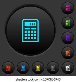 Scientific calculator dark push buttons with vivid color icons on dark grey background