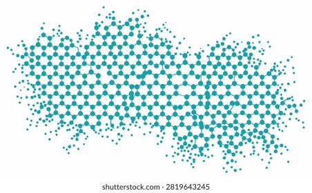 Scientific chemical compound visualization with hexagonal bonds and dispersed circular particles on isolated background.