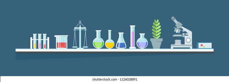 Scientific chemical laboratory, conducting experiments, research in laboratory. Glassware, jars, flasks, tubes and complex installation systems in working cabinet, equipment. Vector illustration.