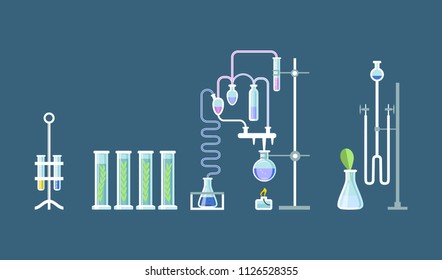 Scientific chemical laboratory, conducting experiments, research in laboratory. Glassware, jars, flasks, tubes and complex installation systems in working cabinet, equipment. Vector illustration.