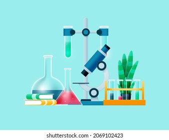 Equipo de laboratorio químico científico. Microscopio, frascos con líquido, libros y una planta.