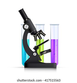 Scientific chemical research lab equipment black microscope side view with 3 colorful test tubes realistic vector illustration