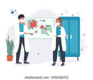 Scientific chemical researchers doctors with lab equipment investigate the coronavirus. Scientists in masks researching the virus. Vector illustration epidemiology medical concept