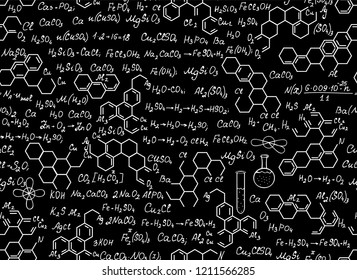 Scientific chemical vector seamless pattern with handwritten chemistry formulas