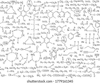 Scientific chemical vector seamless pattern with handwritten chemistry formulas, tasks and equations