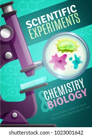 Scientific Chemistry And Biology Experiments Poster With Unicellular Organisms Under Magnifying Glass Of Microscope Images Vector Illustration 