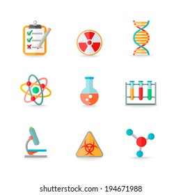 Scientific chemistry laboratory equipment of retort glass atom dna symbols icons set isolated vector illustration