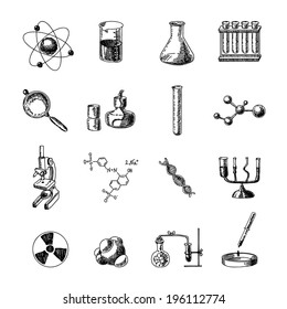 Scientific chemistry laboratory equipment of retort glass holder dna symbols doodle sketch icons set isolated vector illustration