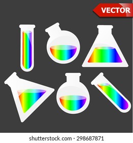 Scientific chemistry set. illustration of laboratory apparatus with rainbow solution, test tube (glass) over grey background vector illustration