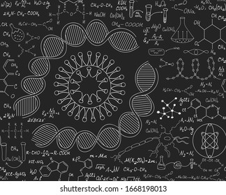 Scientific chemistry vector seamless pattern with plots, formulas, handwritten dna strands and viruses, laboratory equipment
