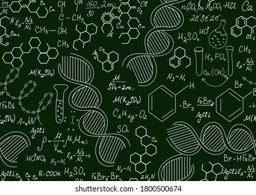 Scientific chemistry vector seamless pattern with plots, formulas and laboratory equipment handwritten on green blackboard