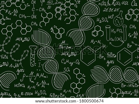 Scientific chemistry vector seamless pattern with plots, formulas and laboratory equipment handwritten on green blackboard