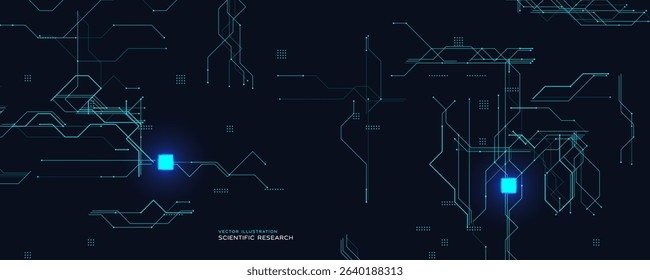 Scientific Circuit Board With Glowing Chips. Dark tech background with two bright microprocessors. Ideal for research, AI, and innovation themes. Futuristic lines structure. Vector illustration.