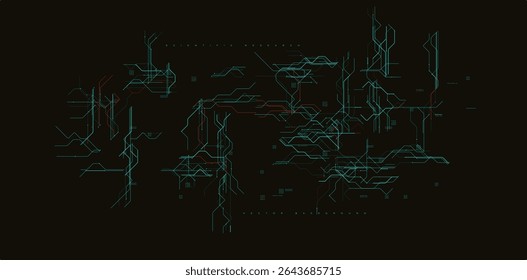 Fondo de líneas de Tablero de circuito científico. Rejilla Futurista Con Senderos Tecnológicos Brillantes, Diseño De Microchip Y Señales De Neón En Negro. Ideal Para Proyectos De Innovación, Investigación, IA. Ilustración vectorial.