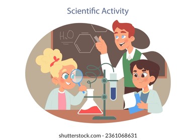 Wissenschaftliche Klasse. Grundschulkinder lernen Chemie zusammen und führen wissenschaftliche Experimente mit einem Lehrer durch. Projekttätigkeit in einem Klassenzimmer. Gruppenzusammenarbeit. Flache Vektorgrafik