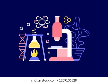 Scientific concept. Microscope with a flask. Chemistry lesson. Flat illustration