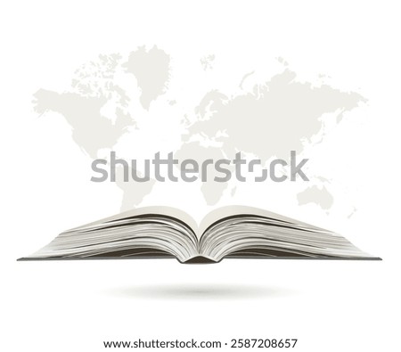 Scientific concept of open book and world map, vector illustration modern design template