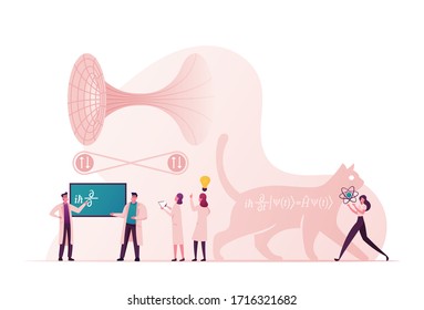 Scientific Concept with Tiny Scientists Characters Solve Fundamental Quantum Mechanics Formulas, Cat of Schrodinger Equation, Quantum Field Theory and Tunneling. Cartoon People Vector Illustration