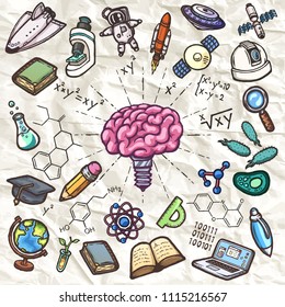 Scientific conceptual set of hand drawn vector icons.