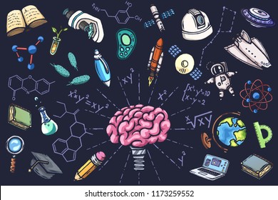 Scientific conceptual set of hand drawn vector icons.
