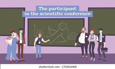 Scientific Conference Flat Background With Young Participant   Demonstrating Presentation To Audience Vector Illustration