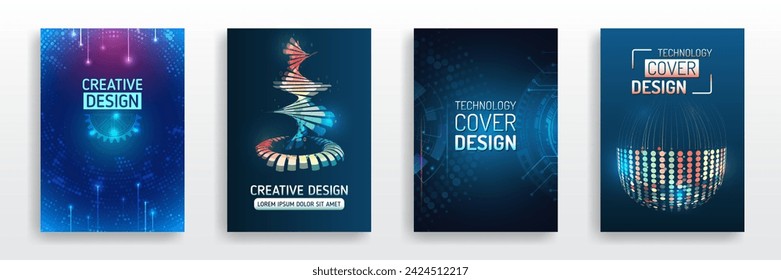 Scientific cover template for presentation, banner. Set of high-tech covers for marketing. Modern technology design for posters. Futuristic background for flyer, brochure.