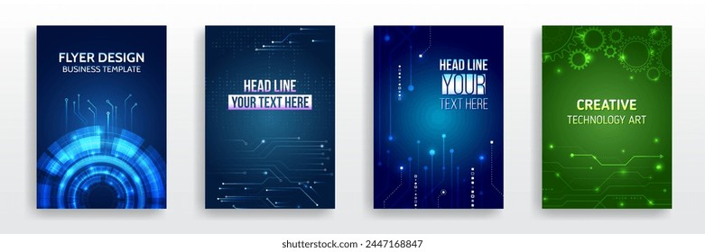 Plantilla científica de la cubierta para la presentación, Anuncio. Conjunto de cubiertas de alta tecnología para la comercialización. Diseño de tecnología moderna para carteles. Fondo futurista para volante, folleto.