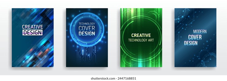 Scientific cover template for presentation, banner. Set of high-tech covers for marketing. Modern technology design for posters. Futuristic background for flyer, brochure.