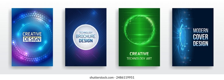 Scientific cover template for presentation, banner. Page layout set for sci-fi. Set of high-tech covers for marketing. Modern technology design for posters. Futuristic background for flyer, brochure.