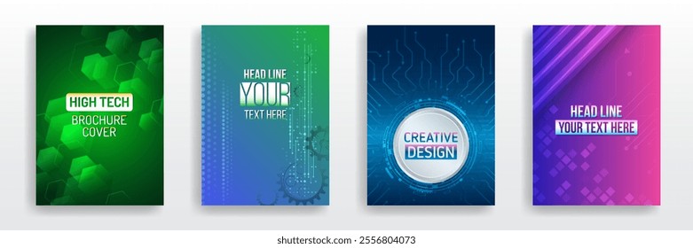 Scientific cover template for presentation, banner. Page layout set for sci-fi. Set of high-tech covers for marketing. Modern technology design for posters. Futuristic background for flyer, brochure.