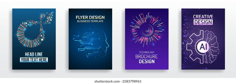 Scientific cover template for presentation, banner. Page layout set for sci-fi. Set of high-tech covers for marketing. Modern technology design for posters. Futuristic background for flyer, brochure.
