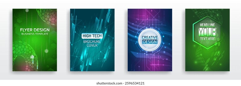 Scientific cover template for presentation, banner. Page layout set for sci-fi. Set of high-tech covers for marketing. Modern technology design for posters. Futuristic background for flyer, brochure.