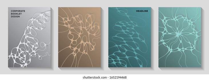 Scientific covers with neuron cells net. Medical brochure title page teplates. Microscopic grid of neurons abstract patterns. Molecular structure on nerve system biology covers set in green brown gray