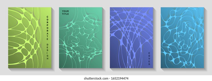 Scientific Covers With Neuron Cells Net. Medical Brochure Title Page Teplates. Microscopic Grid Of Neurons Abstract Patterns. Molecular Structure On Nerve System Biology Covers Set In Green Blue Teal