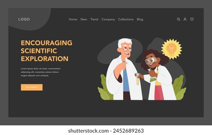 Scientific curiosity concept. Young female black student conducting experiments with elder scientists guidance. Celebrating discovery. Encouraging children to explore science. Flat vector illustration