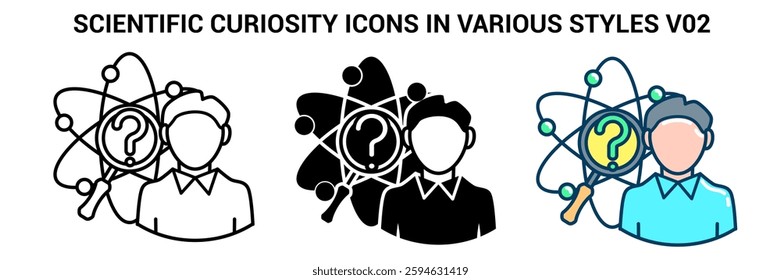 Scientific Curiosity icon represented by atom, question mark, magnifying glass Line, Filled, Color style.