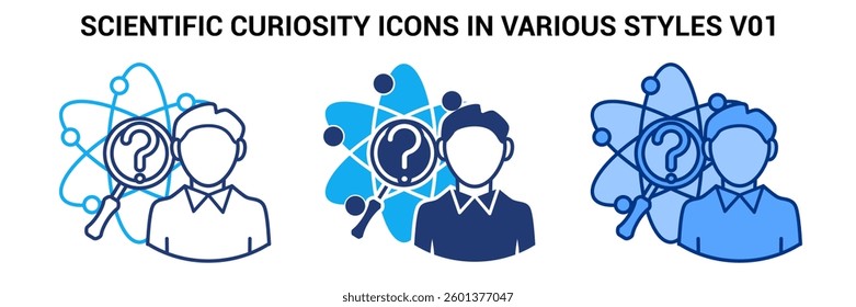 Scientific Curiosity icon represented by atom, question mark, magnifying glass Blue, Dualline, Dualtone style.