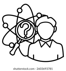 Scientific Curiosity icon represented by atom, question mark, magnifying glass Line style.