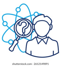 Scientific Curiosity icon represented by atom, question mark, magnifying glass Dual Line style.